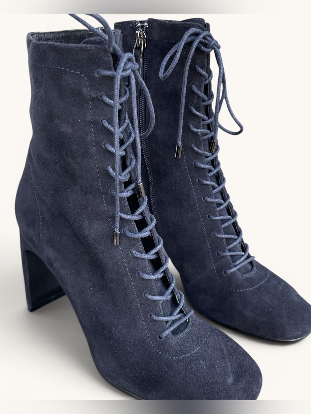 LOLA CRUZ Granny Boots. navy suede lace up/ ankle zip heeled boots. Sz37